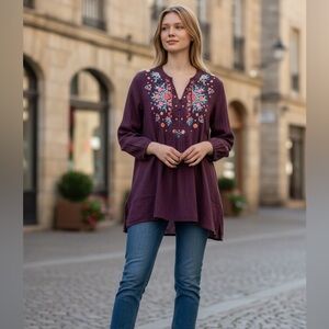 Johnny Was Eggplant Purple Floral Embroidered Tunic Top Size S